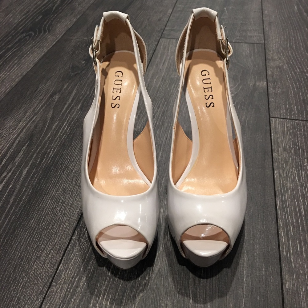 Guess-White patent leather sling back peep toe